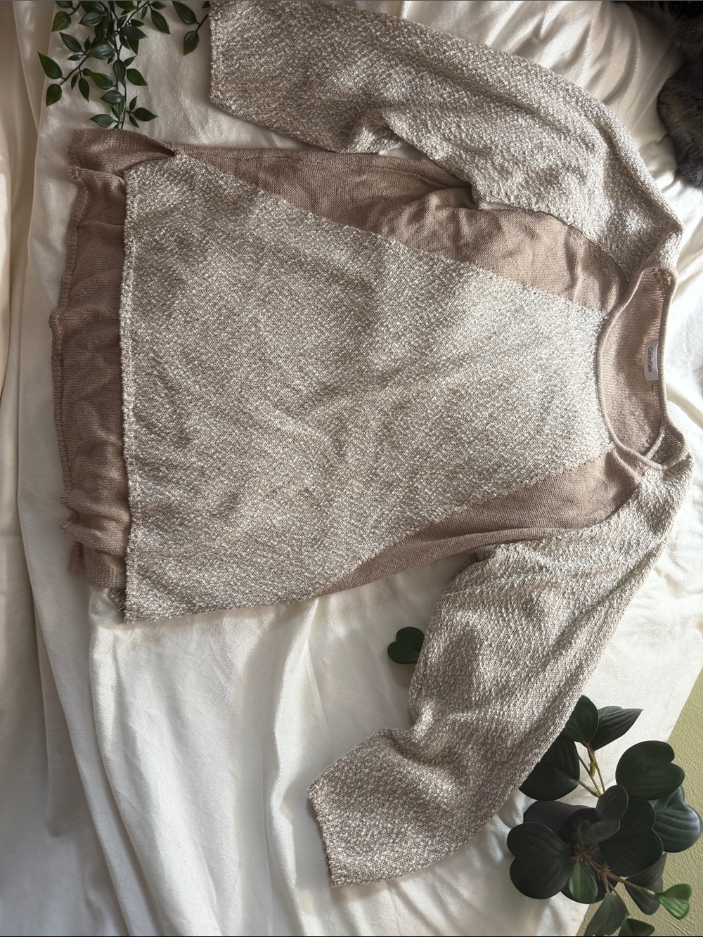 Calvin Klein Two-Tone Cream and Tan Scoop Neck Sweater
